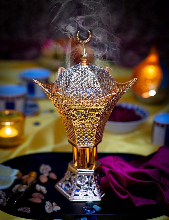 AM Bakhoor Charcoal Incense Burner - Oud Frankincense Resin Burner 10.5 Inches Tall - for Bakhoor Oud Incense Sticks Cones - Luxury Filigree (Rose Gold)