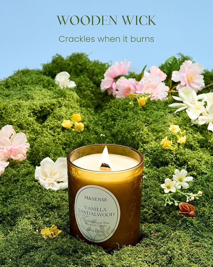 M&SENSE Vanilla Sandalwood Candle, Wooden Wick Strong Scented Candle,100 Hours Slow Burning No Toxin Natural Soy Wax 18oz, Stress Relief Aromatherapy Home Fragrance with Lid, House Warming Gift