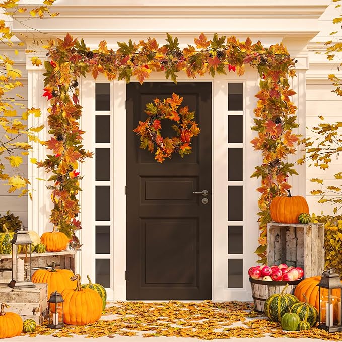 Artgar Fall Maple Leaf Garland, 6 Ft Fall Decor Garland with Pine Cones Berries, Harvest Decor Garlands with 30 Warm Lights for Fall Home Thanksgiving Fireplace Table Indoor Outdoor Porch Decor