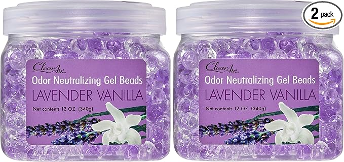 Clear Air Odor Eliminator Gel Beads - 12 oz, Pack of 2 - Air Freshener Made with Essential Oils - Eliminates Odors in Bathrooms, Cars, Boats, RVs & Pet Areas - Lavender Vanilla Scent