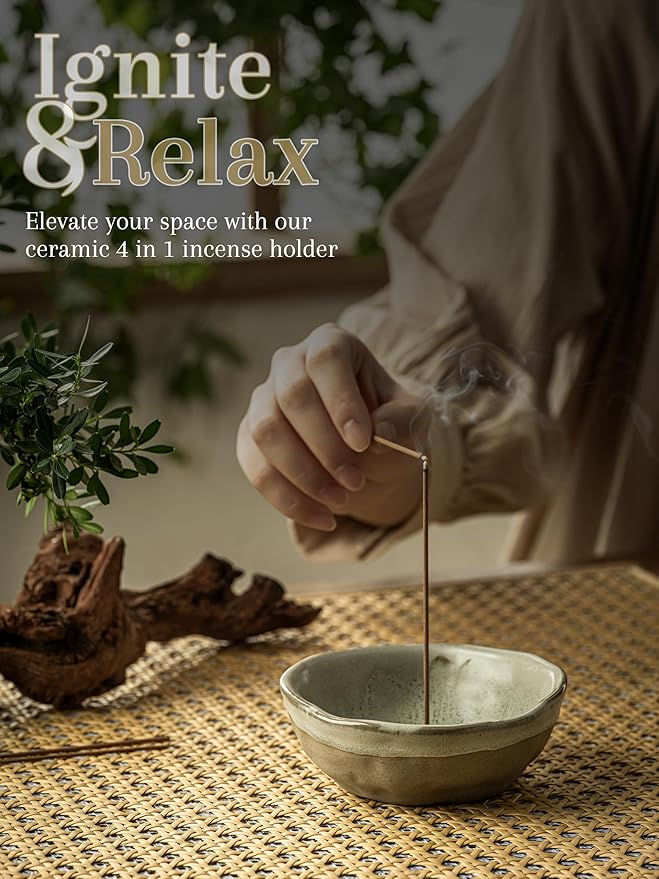 Incense Holder with 3 Incense Sockets, 4 In 1 Incense Burner Holder 4.25 Inch Incense Holder for Sticks, Ceramic Incense Stick Holder for Palo Santo, Cone Incense, Meditation, Yoga, Sage Green