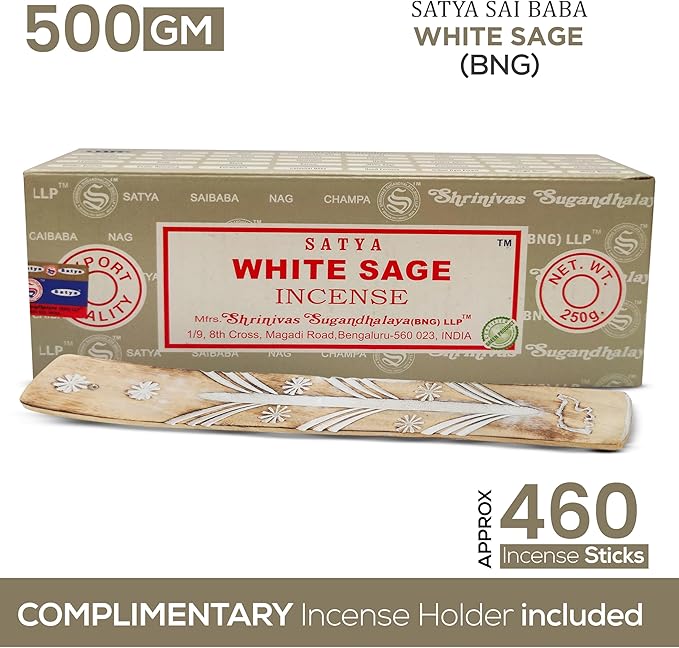 Satya White Sage Incense Sticks 250 gmx 2 Pack (500 GMS), Satya BNG (Bangalore) Insenses with Raajsee Incense Holder Bundle, Satya Nagchampa Natural Incense