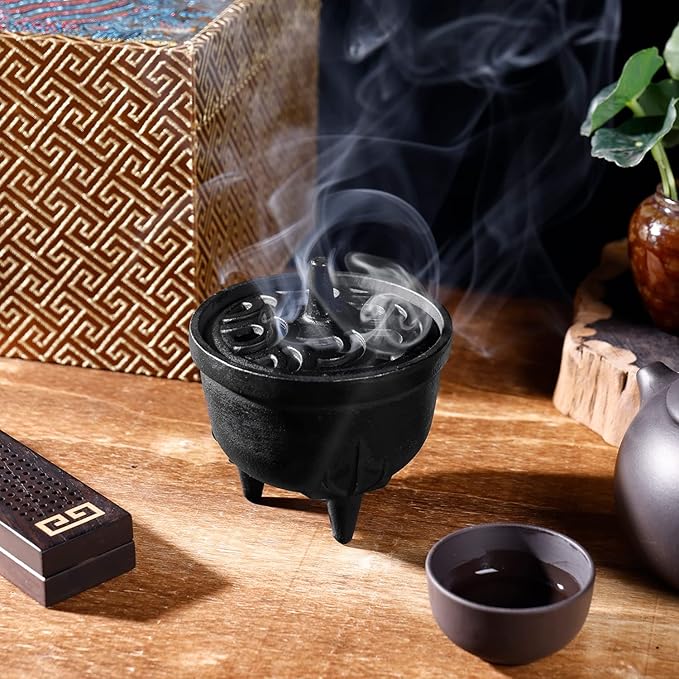 Cast Iron Incense Burner - 4 in 1 Incense Holder Burner Set, Three-Legged Incense Ash Catcher with Lid for Rituals, Decoration, Etc（Large）