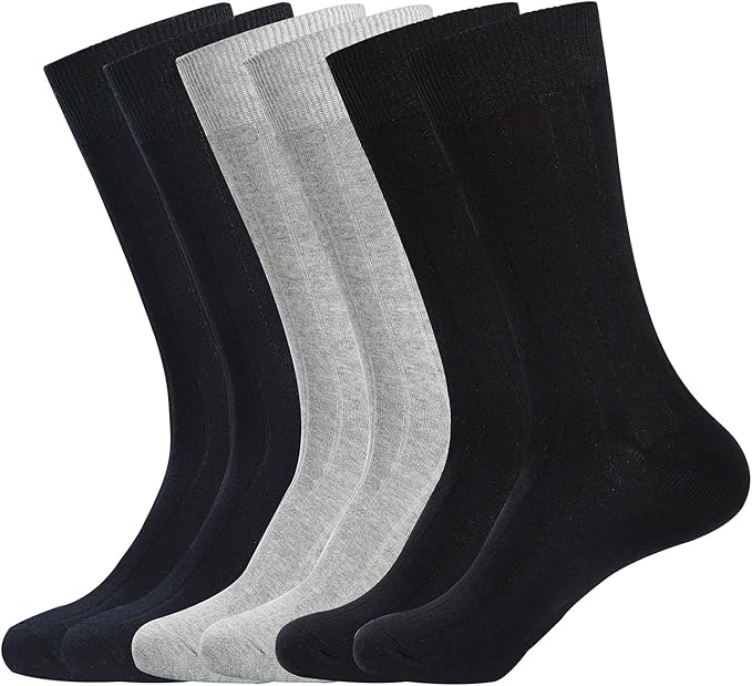 WANDER Mens Dress Socks Double Needle Rib Cotton Solid Premium Socks Lightweight Classic Business Socks 6/8 Pairs 7-12/13-15