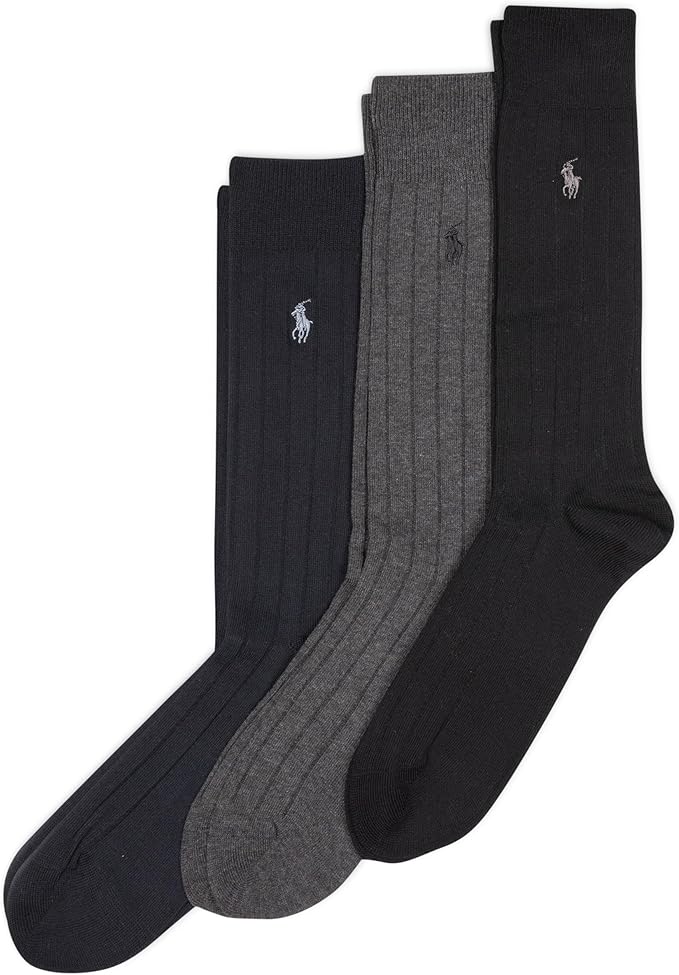 Polo Ralph Lauren Men's Cotton Ribbed Dress Crew Socks -3 Pair Pack-Soft and Lightweight Cotton Comfort