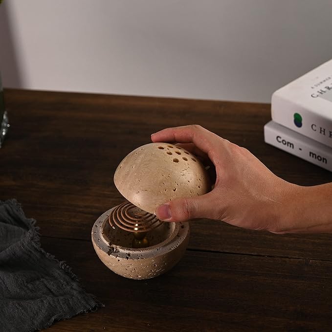 Natural Travertine Incense Cone Holder, Handmade Stone Sphere Incense Burner for Medication Yoga Home Décor 4.1 inches