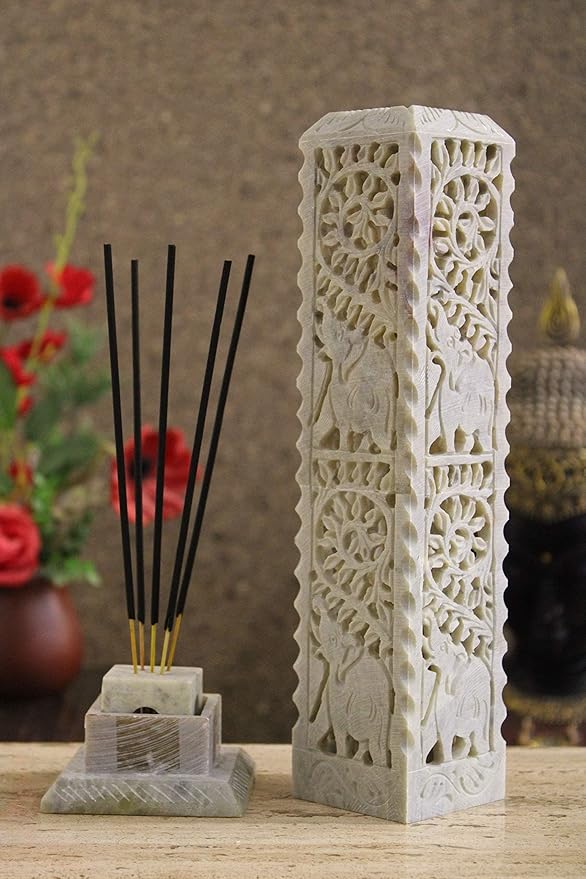 Handmade Carving Soapstone Incense Stick Tower Holder | Incense Stick Tower Burner Holder Spa Aromatherapy Home Office Fragrance Accessories Home Office Decor - (10 X 3 Inches)
