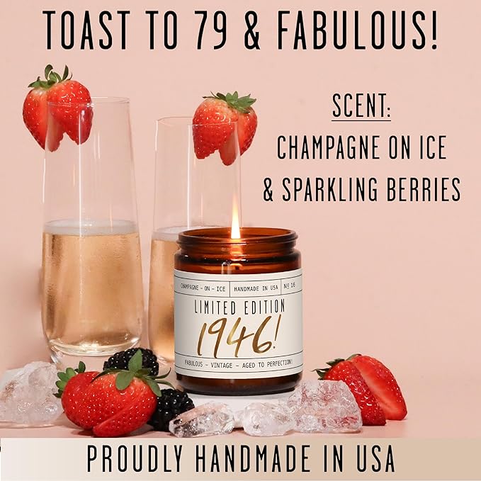 79th Birthday Gifts for Women - 'Limited Edition 1946' Soy Candle, w/Champagne on Ice I 79 Birthday Gifts for Women I 79th Birthday Gift for Her Ideas I 9oz Reusable Jar, 50Hr Burn, Made in USA