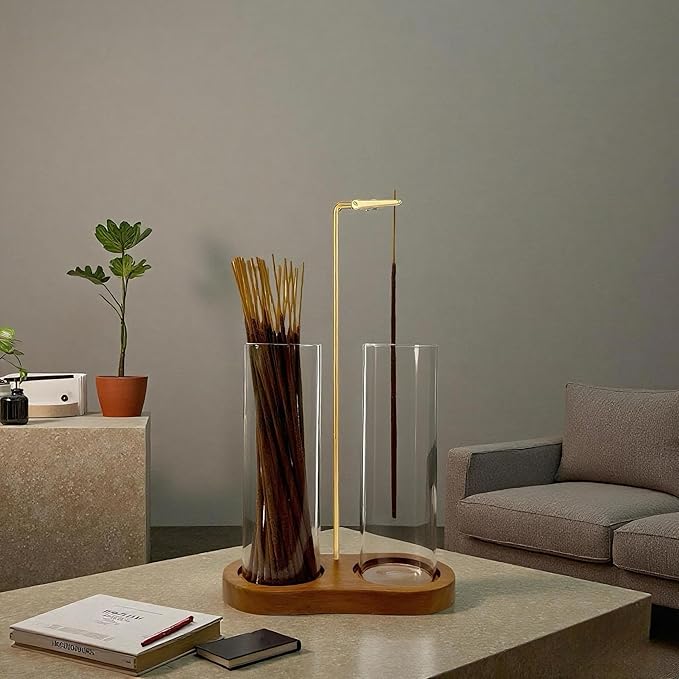 Glass Incense Holder,2 in 1 Incense Sticks Burner Holder with Storage,Hang Upside Down Incense Holder for Sticks with Glass Ash Catcher for Meditation Yoga Spa Room Decor (Brown)