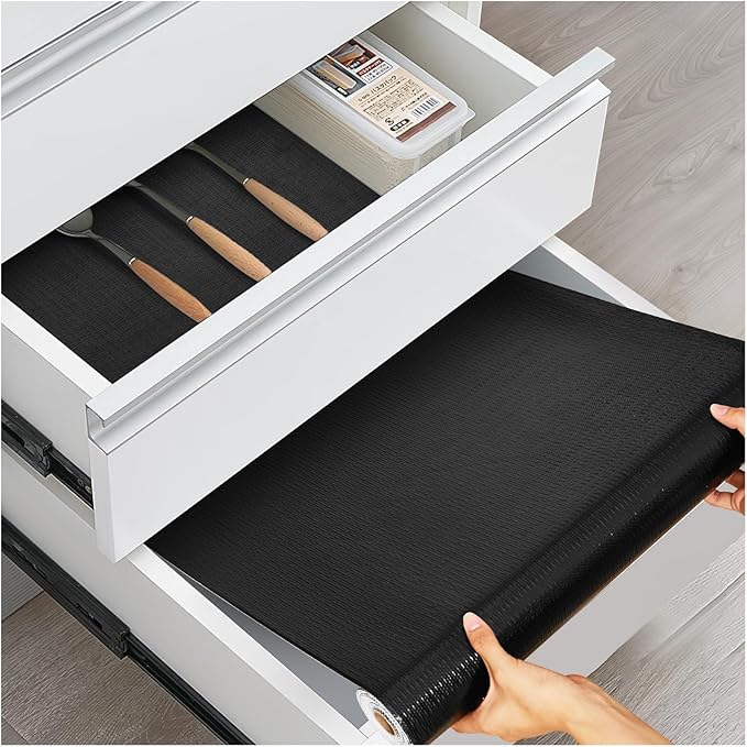 Shelf and Drawer Liner, Kitchen Cabinet Liners Non-Adhesive Thick Non-Slip Waterproof Washable Fragrant Mats Protect Dresser Shelves Cupboard Bathroom Cabinets, Black, 12 in X 20 FT