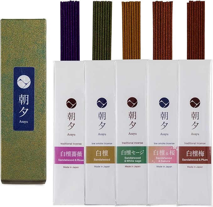 Asayu Japan Incense Sticks Assortment - 5 Sandalwood Fragrance Blends, 20g, 100% Made in Japan Incense Sampler Variety Pack - for Yoga, Zen Meditation & Relaxation