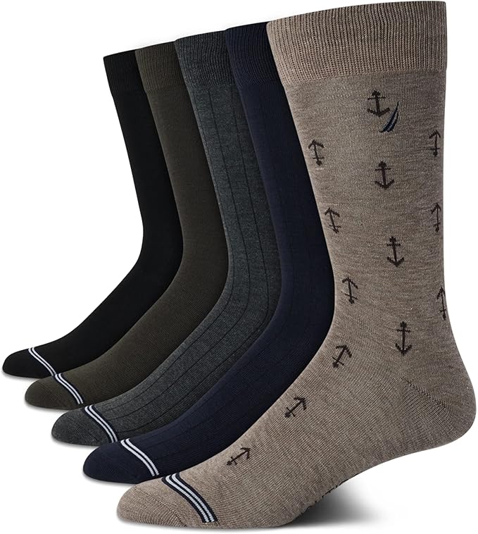 Nautica Mens Dress Socks - 5 Pack Breathable Comfort Stretch Crew-Length Work Socks for Men for Business Formal Wear (6-12.5)