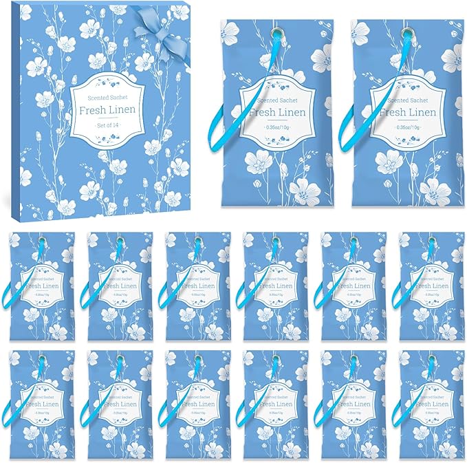 SCENTORINI Scented Sachets for Drawers and Closets, Linen Scent 14 Pack, Long-Lasting Sachets Bags Wardrobe Freshener, for Shoe Wardrobe, Cupboard