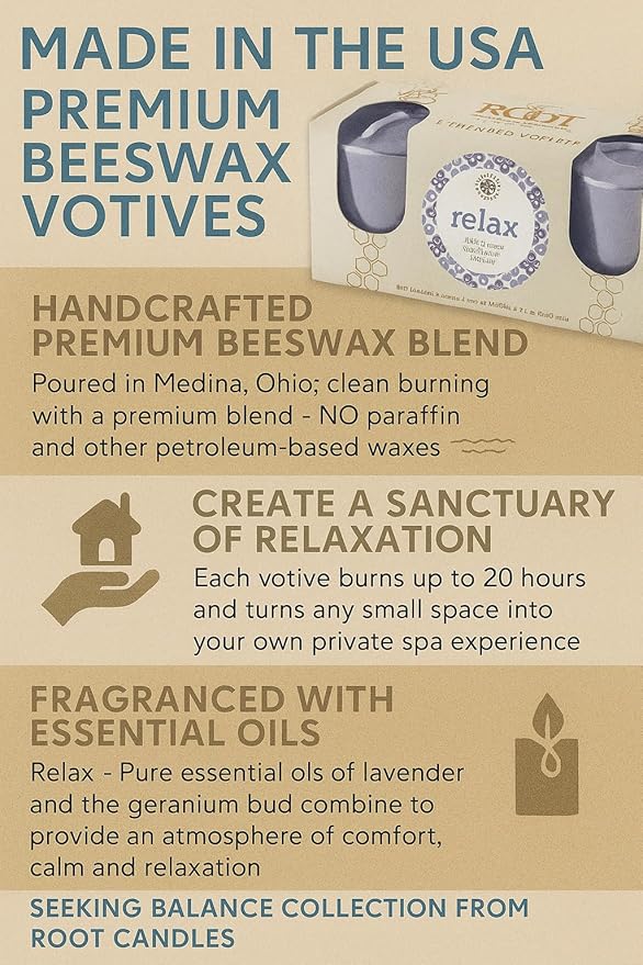 Root Candles Scented Votive Candles Seeking Balance® 20-Hour Spa Aromatherapy Candles, 3-Count, Relax: Geranium Lavender