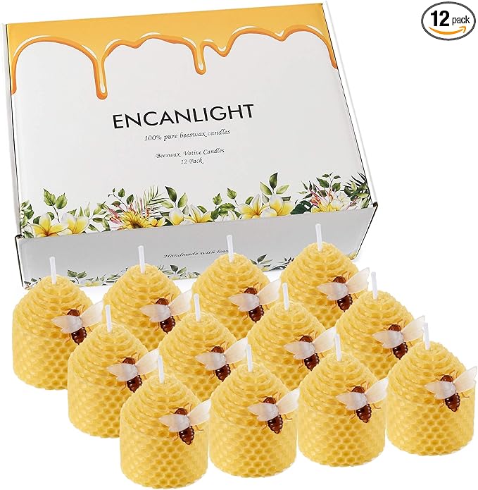 Pure Beeswax Candles 12 Pack, Hand-Rolled Honeycomb Bees Wax Candle Votives, 3.5 Hours Burn Time Each, Non-Toxic and Dripless for Home Decor, Party, Gifts