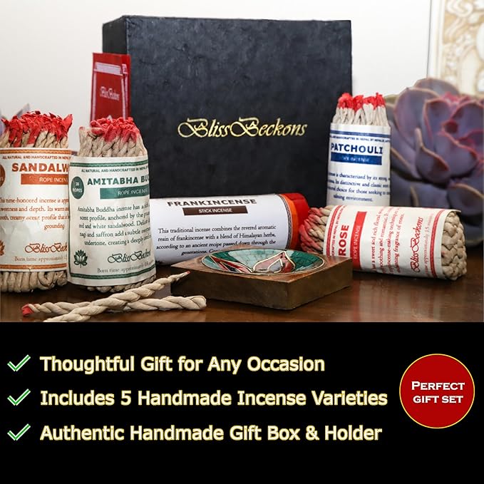 Handmade Tibetan Incense Gift Set – 150 pcs Incense Variety Pack: Frankincense, Patchouli, Sandalwood, Rose, Amitabha Buddha, Incense Holder, 4 Rope Bundles and 1 Stick Bundle