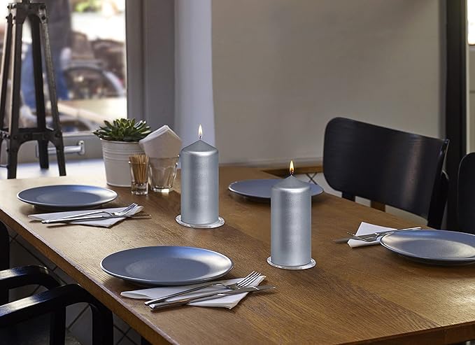 BOLSIUS 8 Silver Pillar Candles Metallic - 2.75 x 5 Inches - Premium European Quality - Individually Wrapped - 43 Hours Burn Time - Dripless & Smokeless - Unscented Dinner, Wedding & Decor Candles