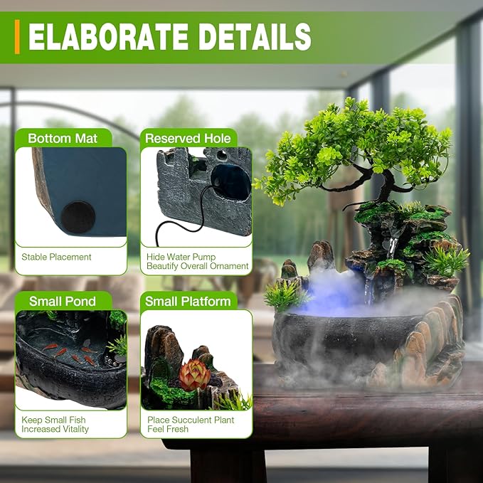 Rockery Stream Tabletop Fountain with Atomizer,Water Pump,LED Light Zen Meditation Indoor Waterfall Feature Indoor Relaxation Desktop Fountain for Home Office Bedroom Decoration (A)