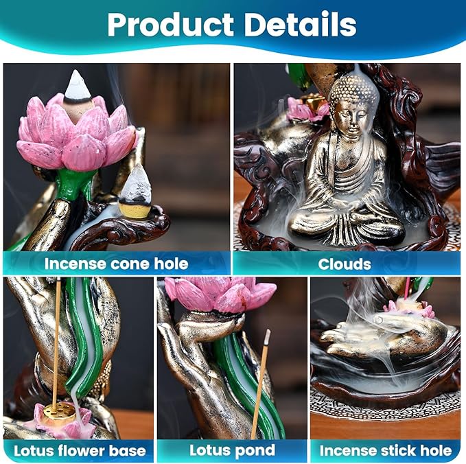 Waterfall Incense Burner, River Incense Holder, Meditation Decor with Upgrade Incense Cones and Accessories (Lotus Hand)