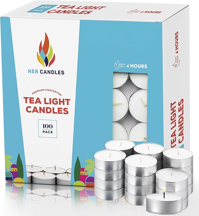 Tea Lights Candles - 4.5 Hour Burn Time - 100 Pack Bulk Candles - White Unscented - Travel Candles - Shabbat Candles - Long Burn Time