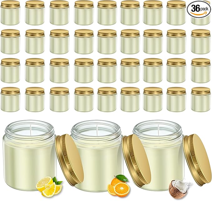 ACITHGL 36 Pcs 4oz Mini Mason Jar Candles Small Scented Candles Bulk Aromatherapy Ideal Souvenir Favors for Wedding Birthday Party (Lemon, Citrus, Coconut Milk, Gold)