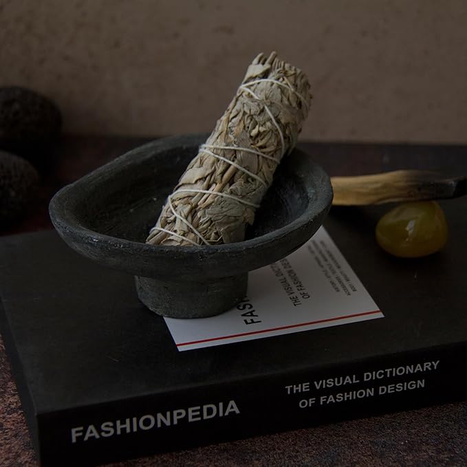 Handmade Rustic Black Terracotta Incense Holder, Ceramic Palo Santo & Sage Sticks Bowl,Wabi‑sabi & Retro, A Spiritual Decor for Yoga&Meditation (Black)