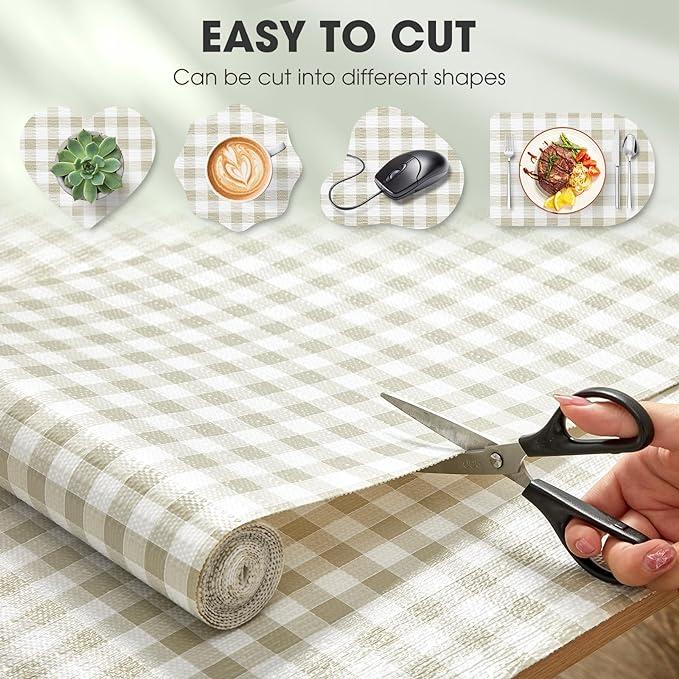 Drawer and Shelf Liner, Non-Slip Kitchen Cabinet Liners Non-Adhesive Thick Strong Grip Waterproof Washable Mats Protect Dresser Shelves Cupboard Bathroom Cabinets, Green Plaid, 12 in X 10 FT