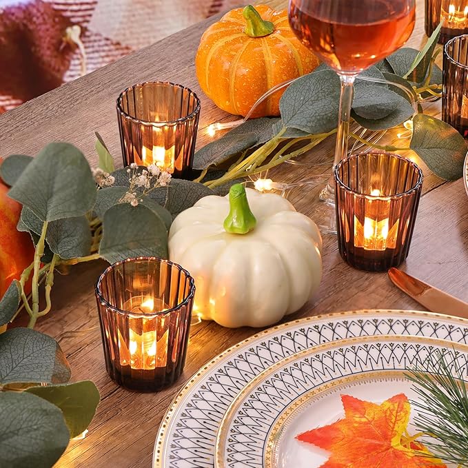24pcs Vintage Ribbed Amber Votive Candle Holders, Fall Centerpieces for Tables, Tealight Candle Holder for Thanksgiving, Wedding Decor, Boho Home Decor and Christmas Decor