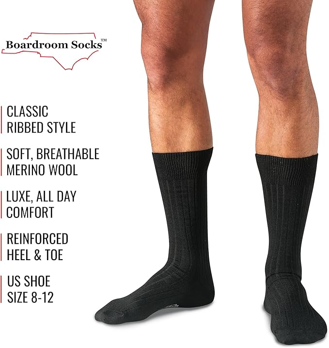 Merino Wool Mid-Calf Dress Socks for Men, Ribbed Dress Socks