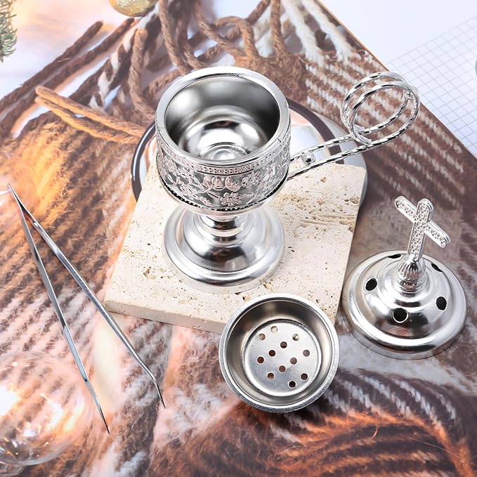 Yawlsow Incense Burner, Frankincense Charcoal Incense Stand, Bakhoor Incense Burner Holder, Ideal for Aromatherapy, Yoga and Spa, Home and Christian Church Censer, (Silver)