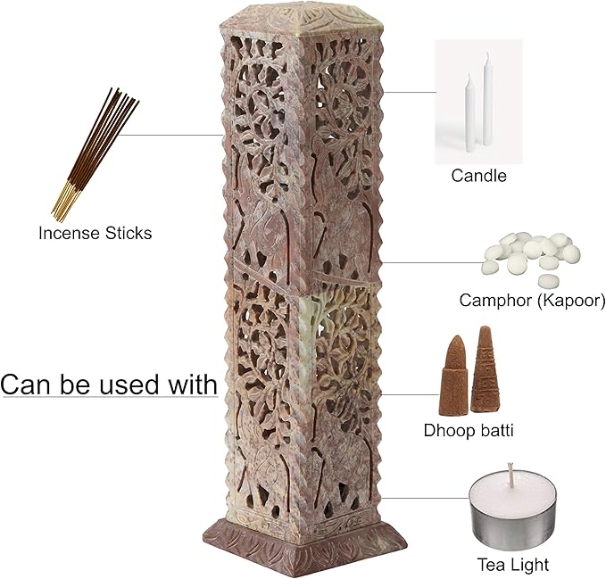 Carry Me Handmade Marble Soapstone Incense Stick Burner | Candle Stick Holder | Tea Light Stand - Perfect Elephant Carving for Gifting. Decorative Home and Kitchen Decor (3 x 3 x 11 Inches)