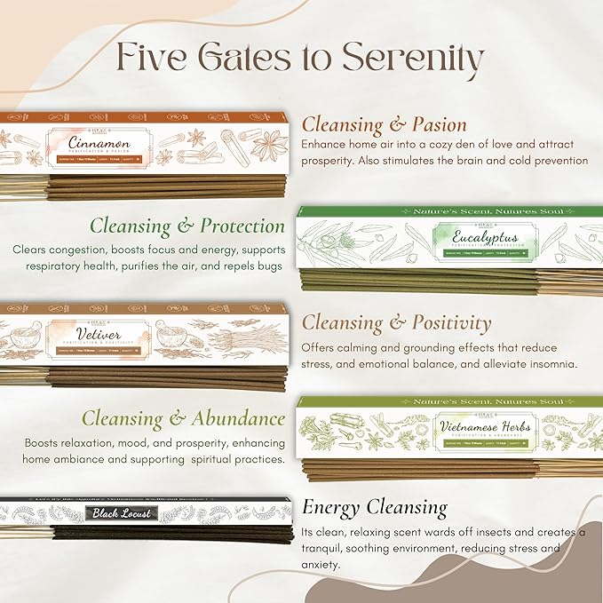 Upeace-Organic-Non-Toxic-Incense-Sticks-Variety Pack (131 Agarbatti Sticks) | 75 Minutes Long Lasting Burn with Natural Cinnamon, Eucalyptus, Vetiver, Vietnamese Mixture Herbs