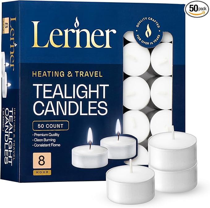 Lerner Tealight Candles, 50 Count| 8 Hours Long-Burning White Tea Light Candles| Non-Toxic, Smokeless & Soot-Free Tea Light Warmer Candles | Unscented Party, Décor, Shabbat Tea Candles