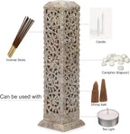 Carry Me Handmade Marble Soapstone Incense Stick Burner | Candle Stick Holder | Tea Light Stand - Perfect Incense Tower for Gifting. Decorative Home and Kitchen Decor (3 x 3 x 11 Inches)