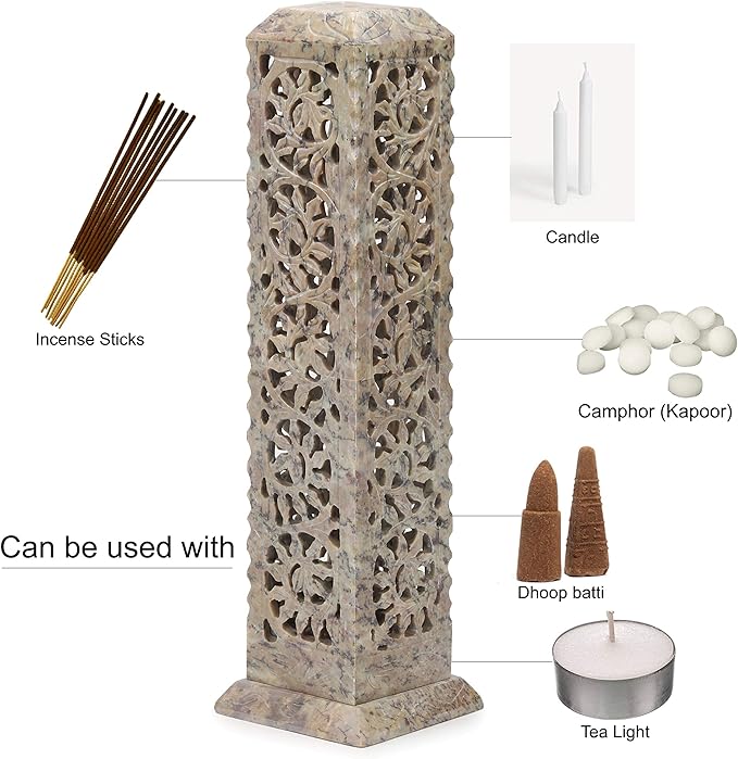 Carry Me Handmade Marble Soapstone Incense Stick Burner | Candle Stick Holder | Tea Light Stand - Perfect Incense Tower for Gifting. Decorative Home and Kitchen Decor (3 x 3 x 11 Inches)
