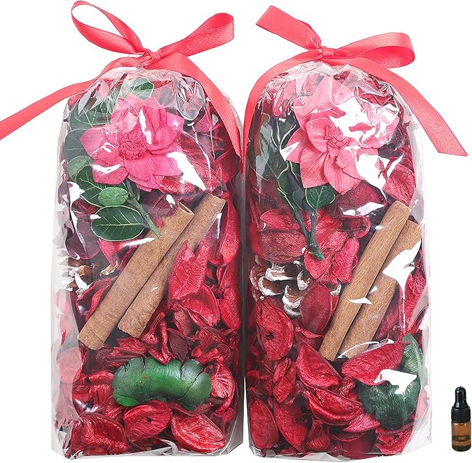 Qingbei Rina Potpourri Bags,Cinnamon Scented Red Potpourri Bowl Filler, Dried Flowers Home Fragrance Sachet of Petal,Vase Filler Decor,8.4 oz(Red)