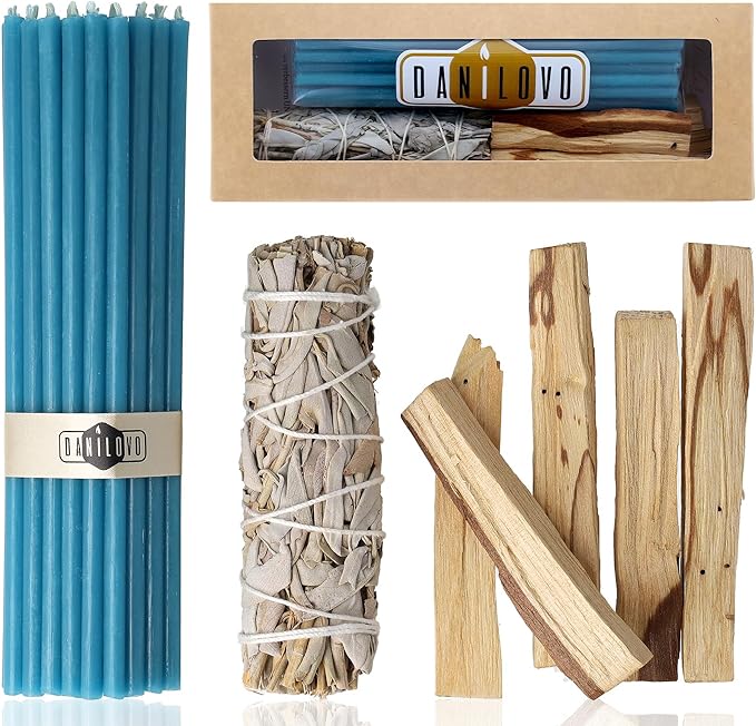 Danilovo Smudging Kit – 5 Palo Santo Sticks, 1 White Sage Smudge Stick and 50 pcs Beeswax Taper Candles Set for Meditation, Cleansing, and Spiritual Practices, Handcrafted, Eco-Friendly
