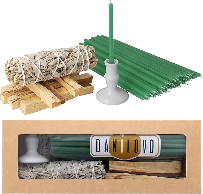 Danilovo Smudging Kit – 5 Palo Santo Sticks, 1 White Sage Smudge Stick, 50 Beeswax Taper Candles & Ceramic Candle Holder Set for Meditation, Cleansing, and Spiritual Practices