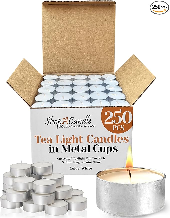 250 Pack Tealight Candles in Metal Cups - Clean, White Unscented Tealight with 3 Hour Long Burning Time - Votive Candles Bulk for Romantic Dinner, Weddings, Spa & Hotels