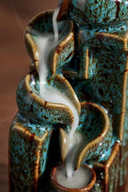 Unique Cascading Basins Ceramic Waterfall Incense Holder, Paired with a Pack of Backflow Incense Cones. (Fambe Blue)