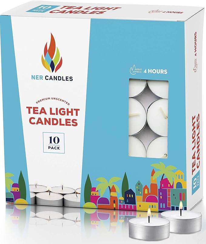 Tea Lights Candles - 4.5 Hour Burn Time - 10 Pack Bulk Candles - White Unscented - Travel Candles - Shabbat Candles - Long Burn Time