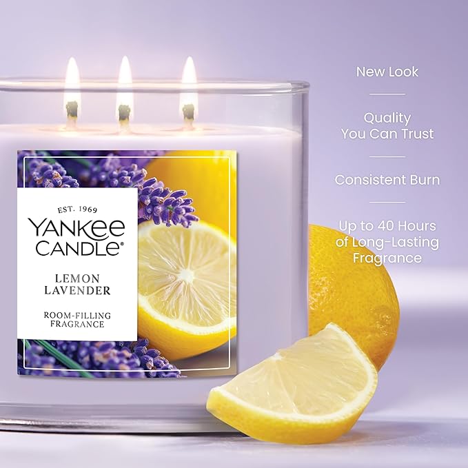 Yankee Candle 3 Wick Candle Jar, Scented Candle with up to 40 Hours of Burn Time, Premium Plant Wax Blend for Consistent Long Lasting Scent from First to Last Burn, Lemon Lavender