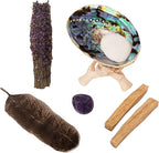 Spiritual Items - Lavender Flower Smudge Stick ~ Abalone Shell for Smudging ~ Palo Santo Sticks ~ 2 in Tripod Stand ~ 8-9 in Feather and White Sand