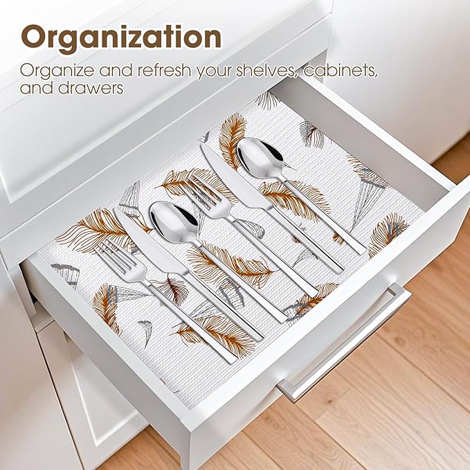 Drawer and Shelf Liner, Non-Slip Kitchen Cabinet Liners Non-Adhesive Thick Strong Grip Waterproof Washable Mats Protect Dresser ShelvesCabinets, Feather, 12 in X 20 FT