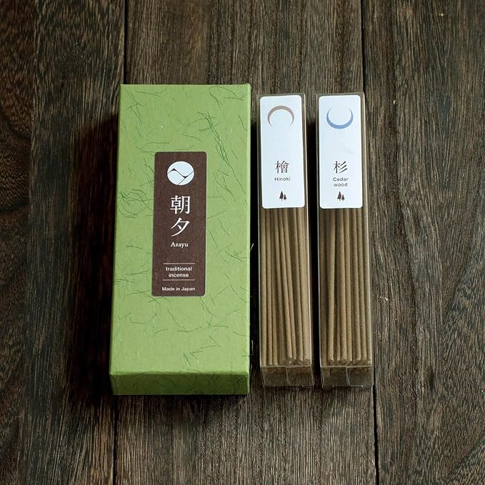 Asayu Japan Traditional Incense Gift Set with Brass Stand, Forest Scent with Green Lotus Incense Holder