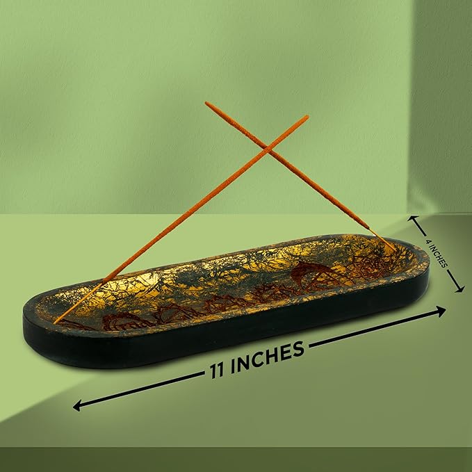 Hand Carved Incense Holder-Incense Burner/Ash Catcher/Handmade Wooden Insence Tray – Modern Gift Home/Room/Seven Chakra Blue Gold Kitchen Décor Size 11x4x1.5 Inches