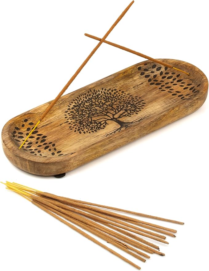 Incense Holder for Sticks Hand Carved - Tree of Life - Incense Burner/Ash Catcher- Handmade Wooden Insence Tray – Modern Gift Home/Room/Kitchen Décor 11x4x1.5 Inch