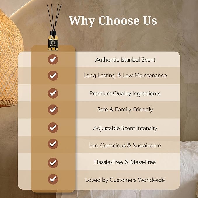 Istanbul Reed Diffuser Set - Luxury Reed Diffusers for Home - Natural Sticks, Long-Lasting Scent - Bathroom, Bedroom, Living Room Decor for Table, Shelves, Nightstand - 3.72 fl oz
