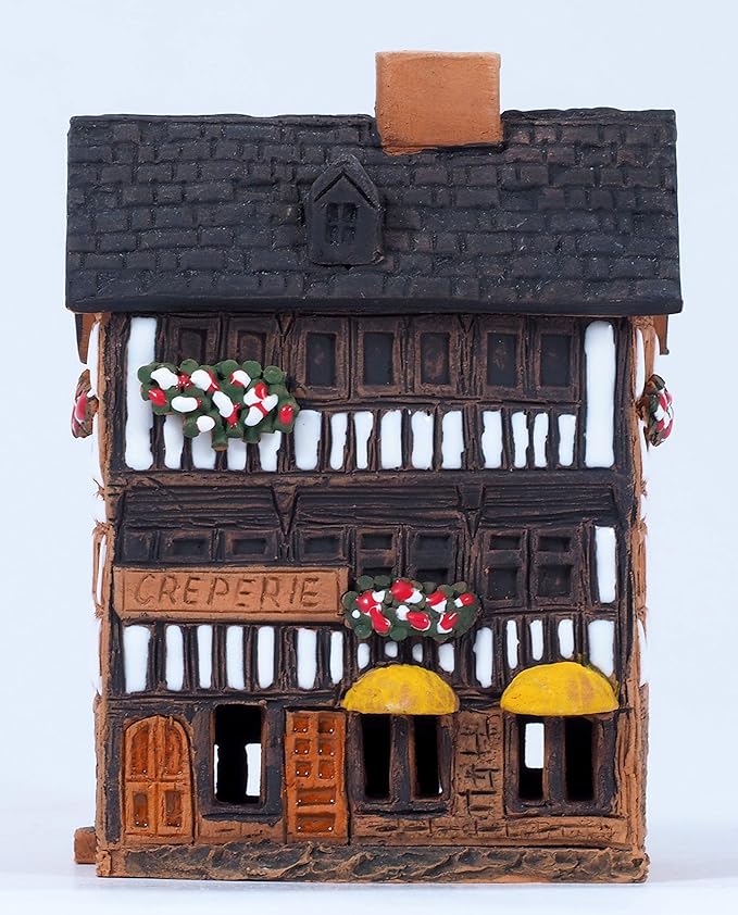 Ceramic Houses Collection - Collectible Handmade Miniature of Creperie in Mont St. Michel, France - Cone Incense Holder R325