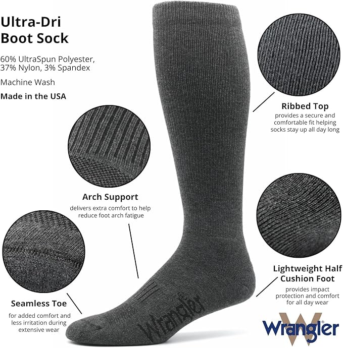 Wrangler Mens Ultra Dri Seamless Toe Western Boot Socks 3 Pair Pack